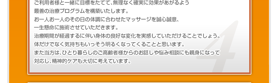 ケアマネさんと相談・摺り合わせの上、短期・中期・長期の目標を定めて、ご利用者さまにピッタリのペースを考え、 マッサージやリハビリを行っていきます。無理なく確実に効果が上がるような施術を心がけています。